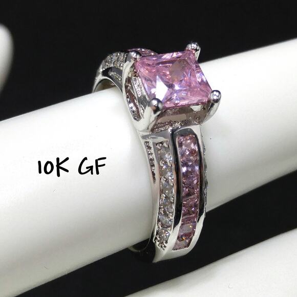 Vintage Pink CZ Silver Tone Ring, US Size 7 1/4, Square Cut Stone, 1990s Jewelry - Picture 1 of 10